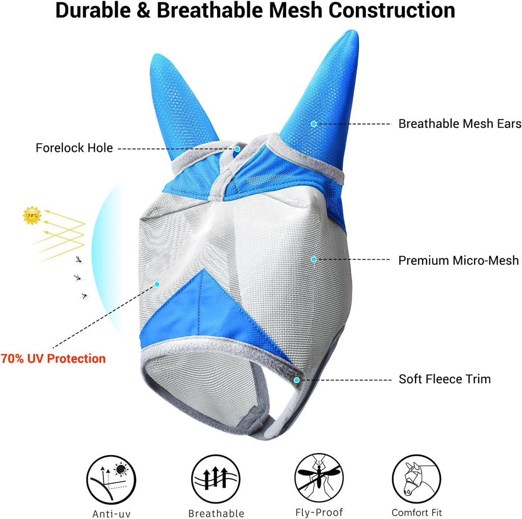 Horse Fly Mask with Ears, UV Block Breathable Mesh (Blue, L)