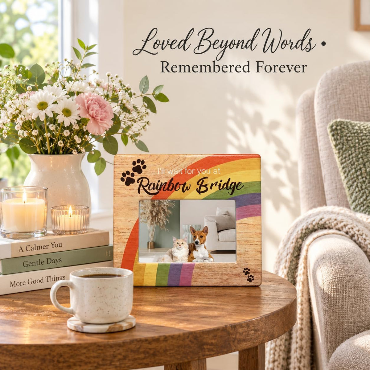 Rainbow Bridge Pet Memorial Picture Frame, Loss of Dog or Cat Sympathy Gift, I’ll Wait for You at Rainbow Bridge Personalized Pet Photo Option, 4 x 6 Picture Frame for Pet Bereavement Condolence Gift