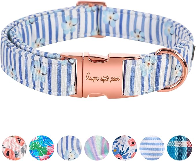 Unique style paws Dog Collar Metal Buckle Blue Striped Flower Collar Gift by Uniquestylepaws