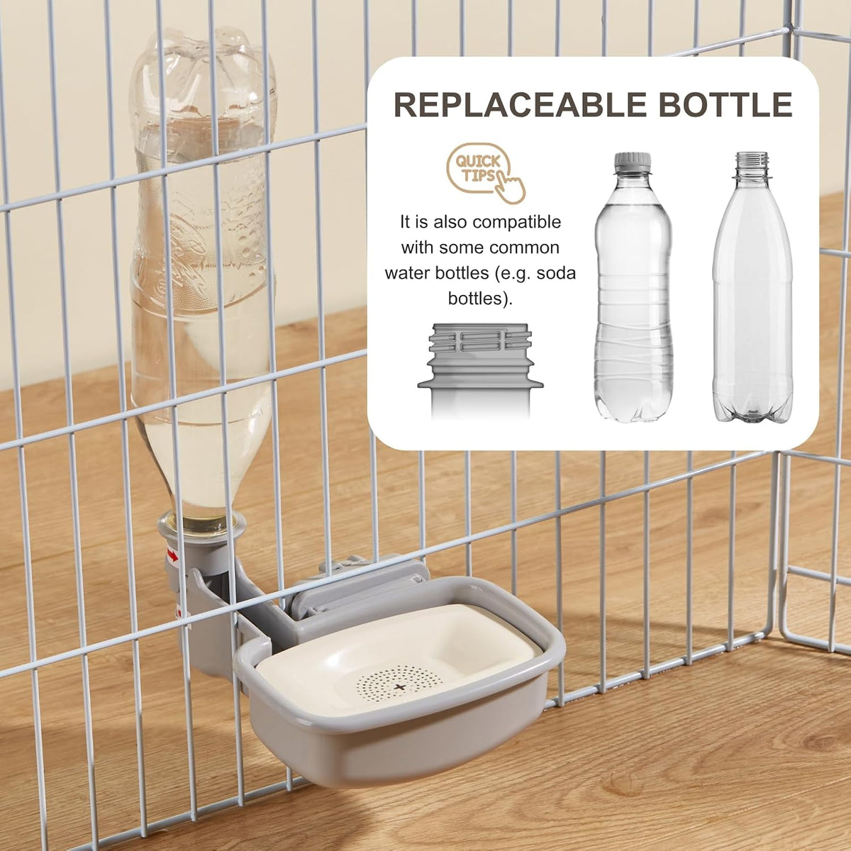 Pet Water Bottle for Cage, Anti-Overflow Gravity Water Bowl Dispenser for Puppies, Cats, Rabbits, Ferrets, Guinea Pigs, and Other Small Animals (Gray, 16oz)