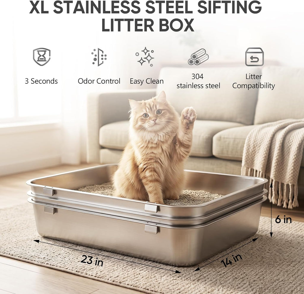Rectangular Triple Pan Stainless Steel Sifting Litter Box
