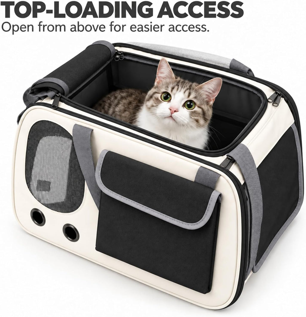 Soft-Sided Cat Carrier,17.7x10.2x11in,Foldable,Cream and Black