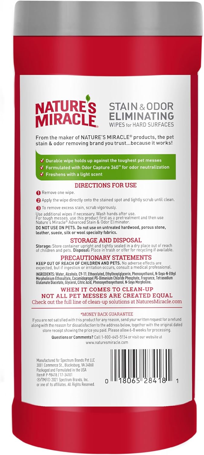 Nature's Miracle Advanced Pet Stain & Odor Eliminating Wipes, 30 Count