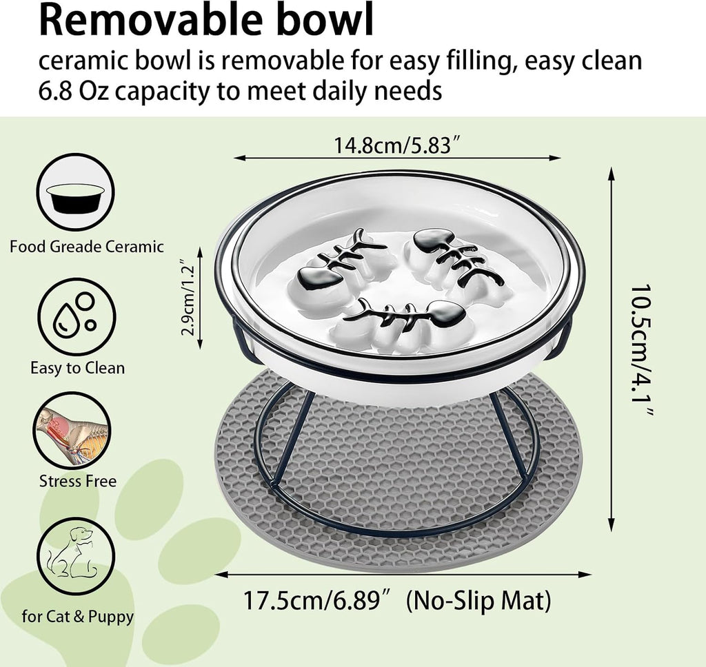Ceramic Elevated Cat Bowls Set, Anti Vomit, Removable Dishes, Black 2-Pack