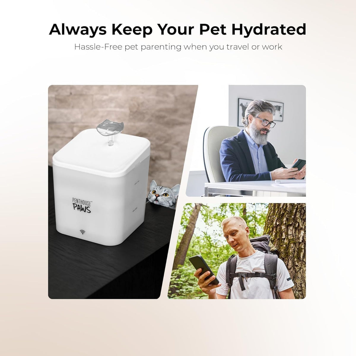 Penthouse Paws Smart Cat Water Fountain, App-Controlled, 2.2L, White