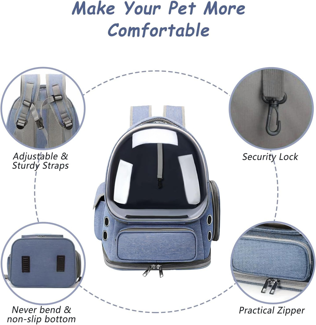 Cat Carrier with Groomer, Breathable Cat Bubble Carrier for Cats or Small Dogs up to 20 lbs, Collapsible Airline Approved, Clear Cat Travel Backpack (Blue)