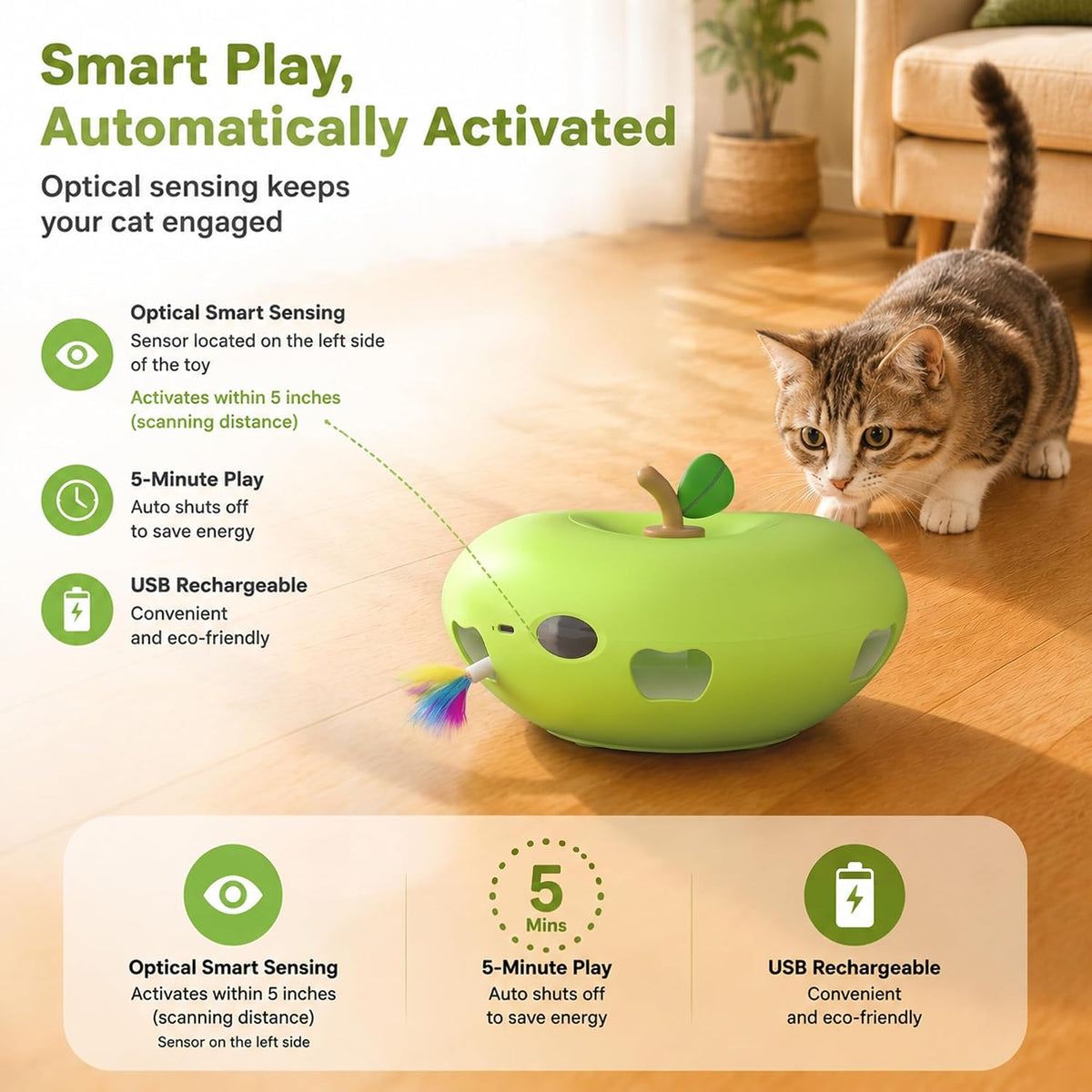 Cat Toys Rechargeable Interactive itten toys , Smart Sensor Automatic Feather Toy with 7 Random Holes, Quiet USB Powered Pop-Up Kitten Toy Simulates Hunting for Indoor Cats, green