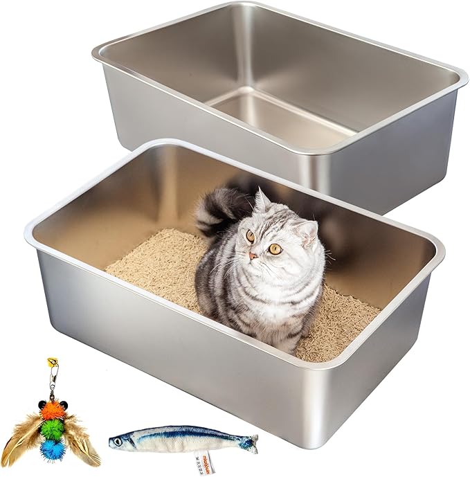 2-Pack XXL Stainless Steel Cat Litter Boxes, Includes Catnip Fish Toy & Wand - Image 6