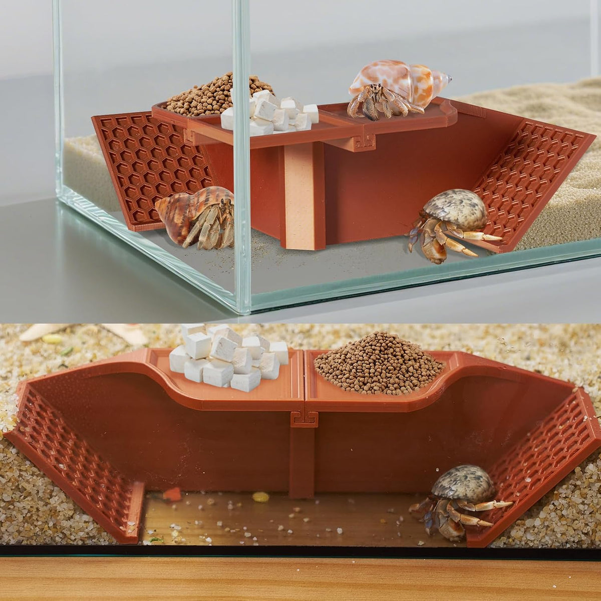 Hermit Crab Underground Hideout Cave Corner, 3 in 1 Habitat Shelter with Food Bowls, DIY Hermit Crab Climbing Toy Accessories (Brown)