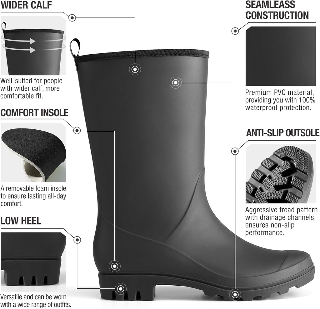 HISEA Women Rubber Boots Wide Calf Rain Boots