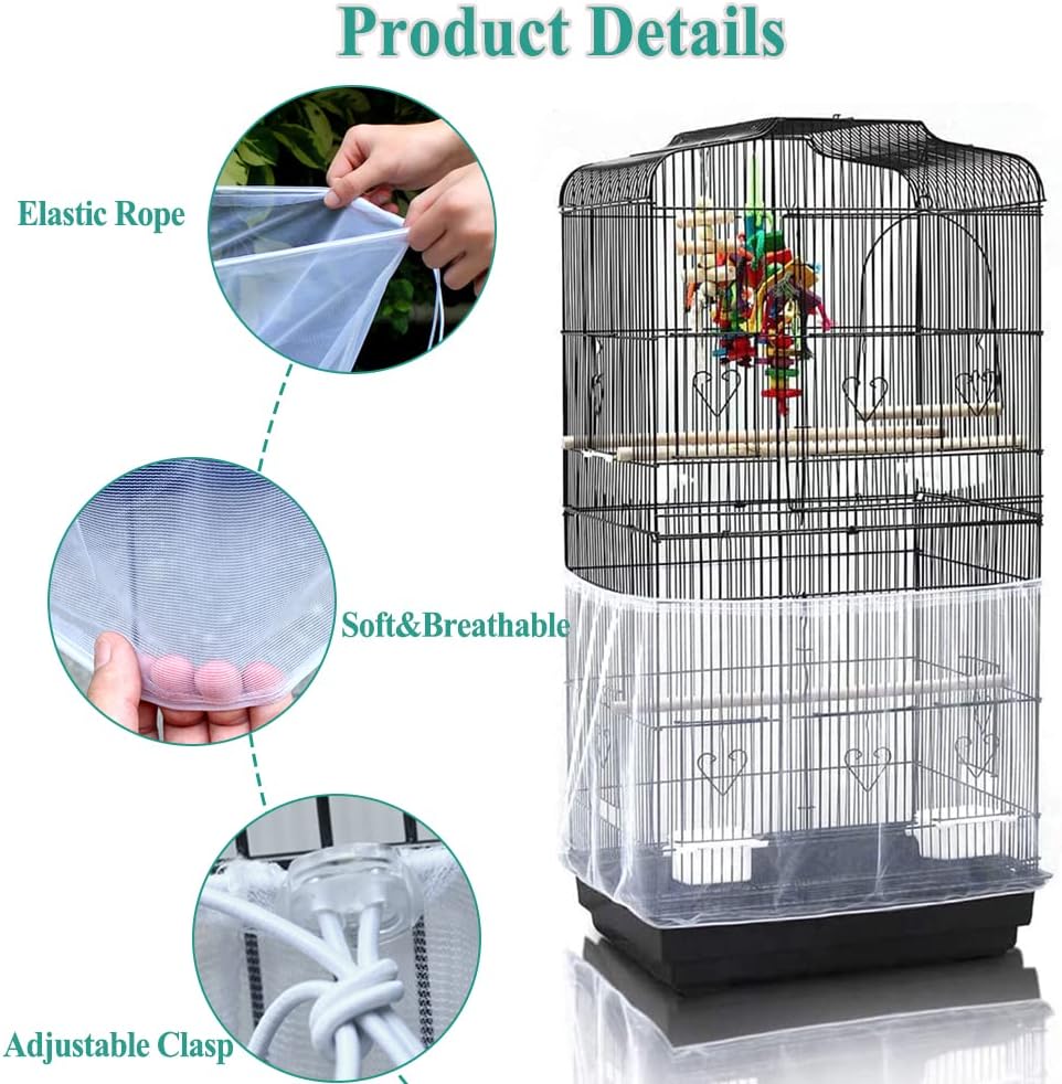 ASOCEA Bird Cage Seed Cather and 2Pack Bird Food Stainless Steel Cups Universal Adjustable Birdcage Cover Skirt Nylon Mesh Netting Parrot Parakeet Macaw African Round Square Cages Cover