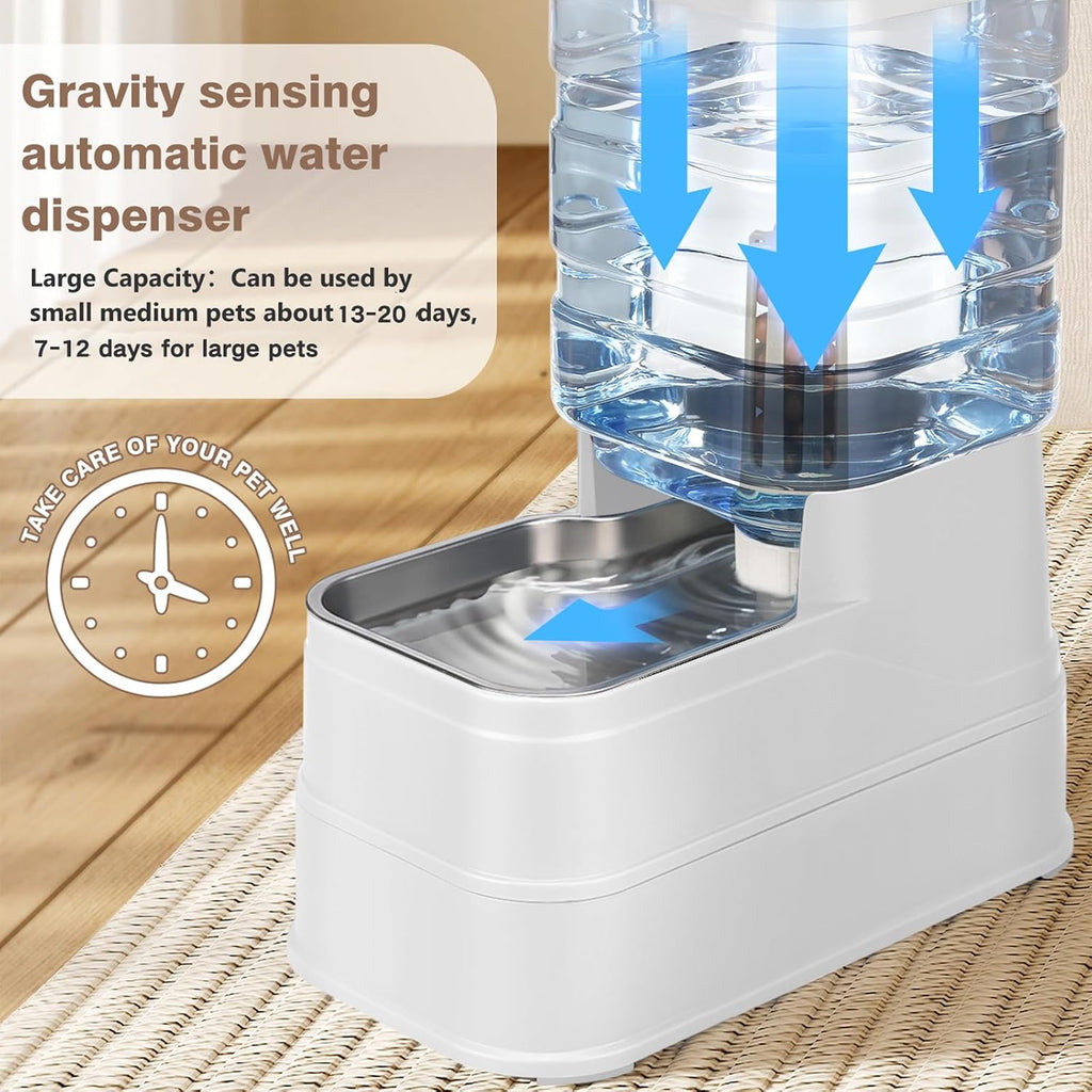 1.6 Gallon Pet Automatic Dog Water Dispenser Cat Gravity Waterer Feeder with Stainless Steel Bowl 8L Large Capacity Puppy Feeding Raised Bowls with Filter,Ice Pack (White, 6L(1.6 Gallon))
