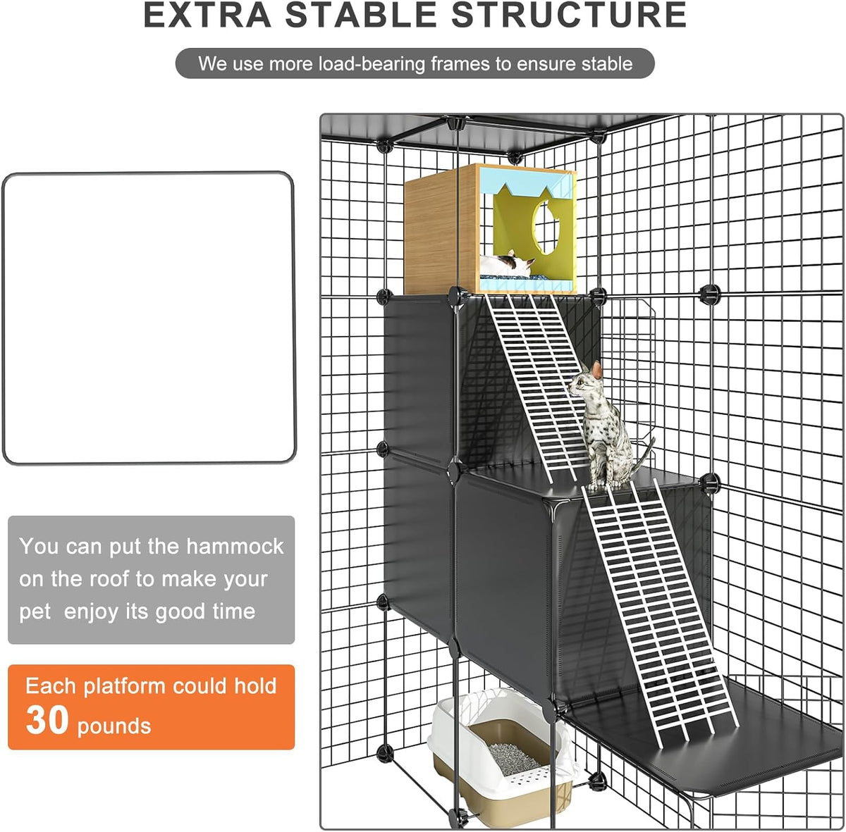 PAWING Large Cat Cage Indoor - Metal Wire Cat Enclosure with Storage Cube, Detachable Kitty Cage with Platform for 1-3 Cats, 3x3x4 Spacious Cat Kennel