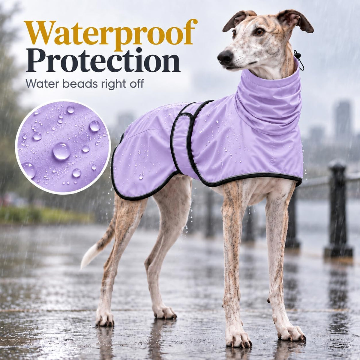 Greyhound Whippet Raincoat Waterproof with Reflective Stripe high Neck fit for Italian Greyhounds Whippets Long Back Breeds - Purple - XL