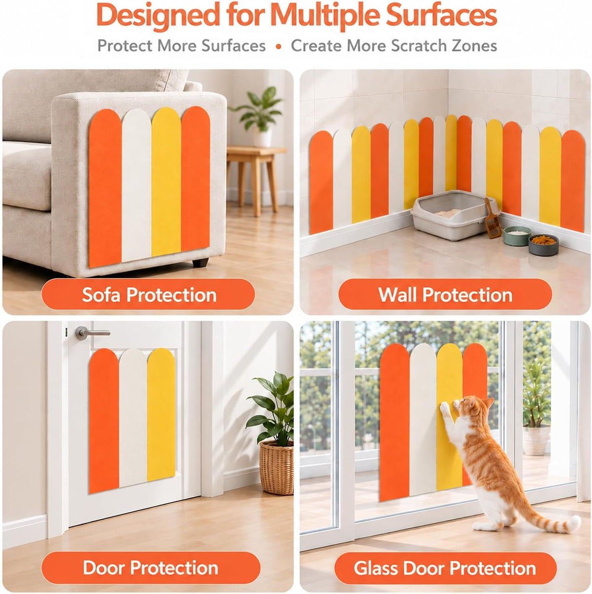 Couch Cat Scratch Protector, Adhesive Cat Scratching Pads, Corner Cat Scratchers, Door Scratch Pads, Protect Walls & Furniture from Cat Claws - 9-Pack, 23.6 x 5.9 Inches, Orange, White & Yellow