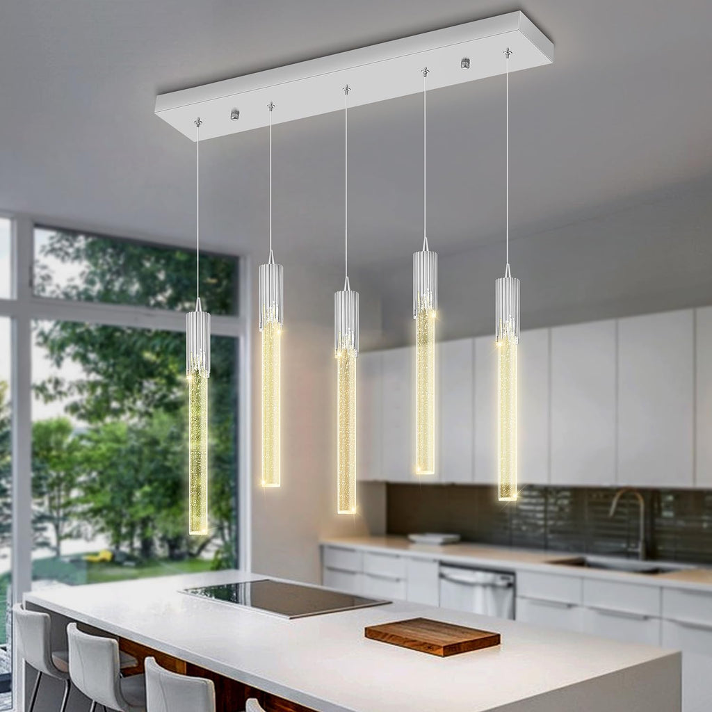 Flashing God 5-Lights Rectangular Crystal Pendant Lights for Kitchen Island Modern Crystal Column Chandeliers for Dining Room Chrome Linear Crystal Chandelier