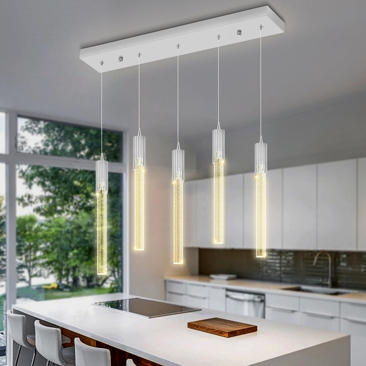 Flashing God 5-Lights Rectangular Crystal Pendant Lights for Kitchen Island Modern Crystal Column Chandeliers for Dining Room Chrome Linear Crystal Chandelier