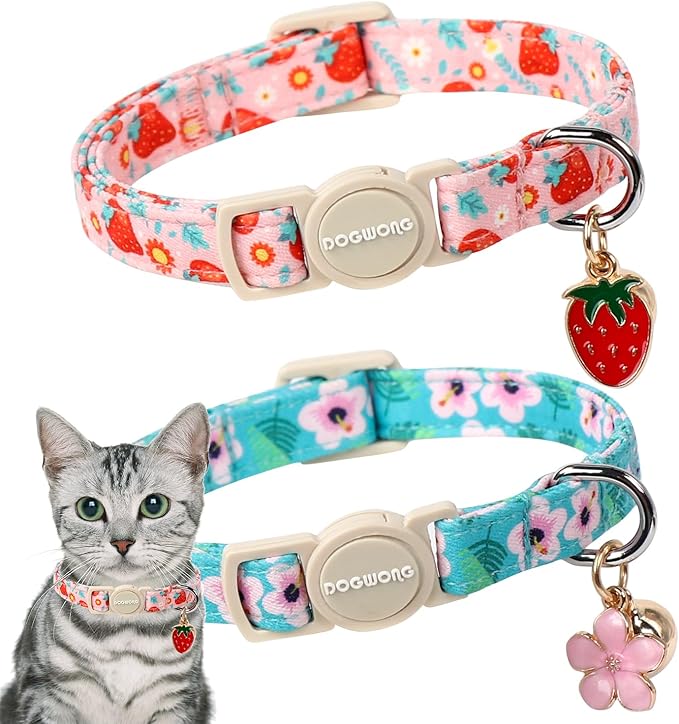 Cat Collar, 2 Pack Pink Flower Cat Collars Breakaway by DOGWONG