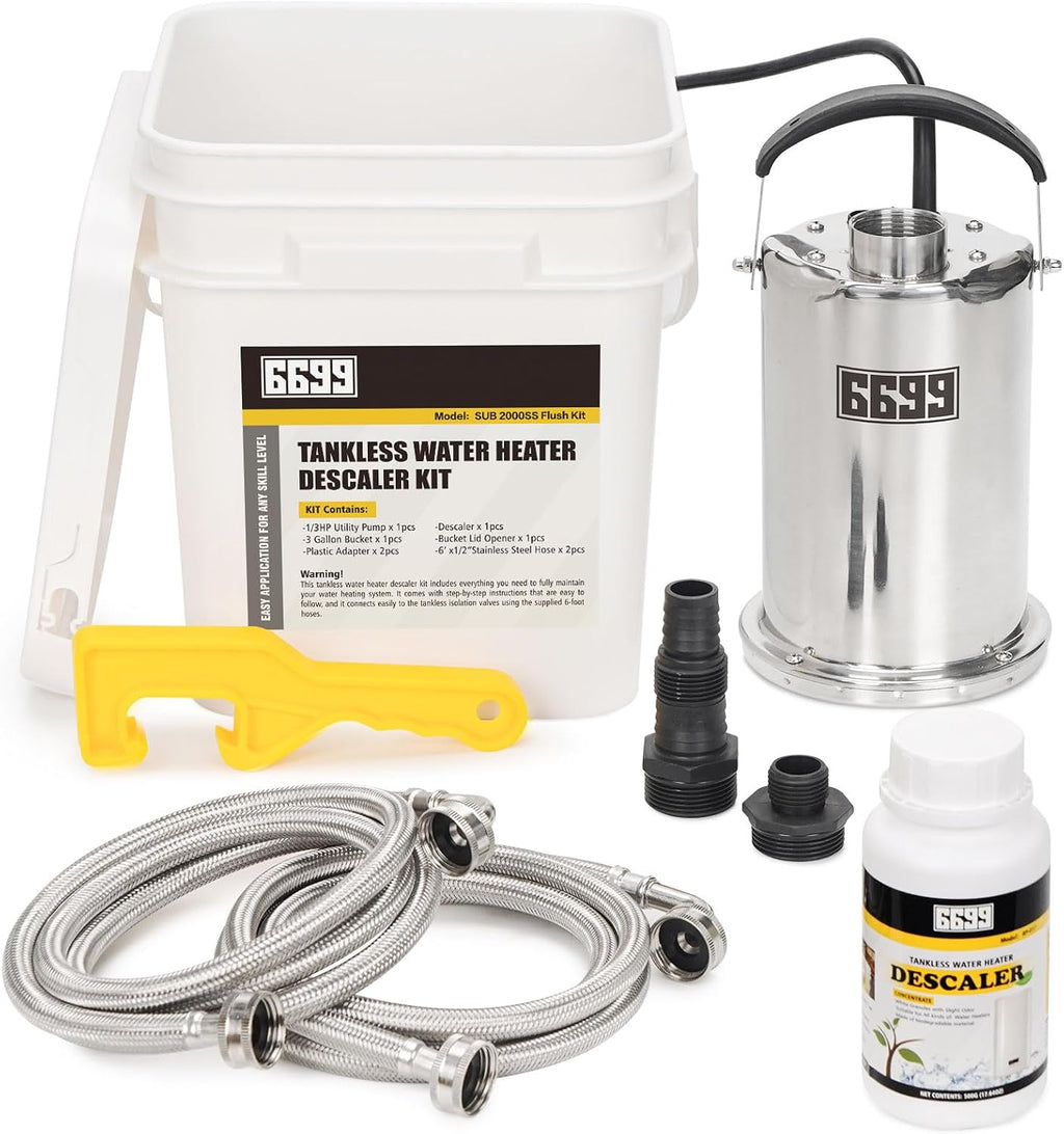 Tankless Water Heater Flushing Kit Includes 1500GPH Stainless Steel Pump with Two Adapters & Cleaner & 3 Gallons Pail with Bucket Lid Opener & Two 1/2” Dia X 6’ Hoses SUB 1500SS Flush Kit