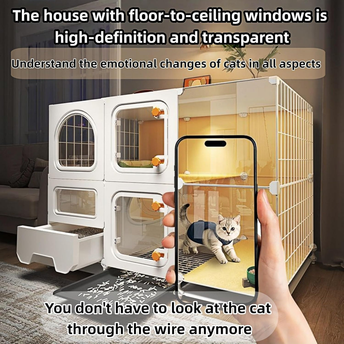 Indoor cat cage with Litter Box,Complimentary Cat Bed,Bow,lcat House with Wheels Outdoor,Large cat Villa Playpen,Small Animal Dog Kennel cat enclosures(42″(L) x18.2″(W) x32.4″(H))