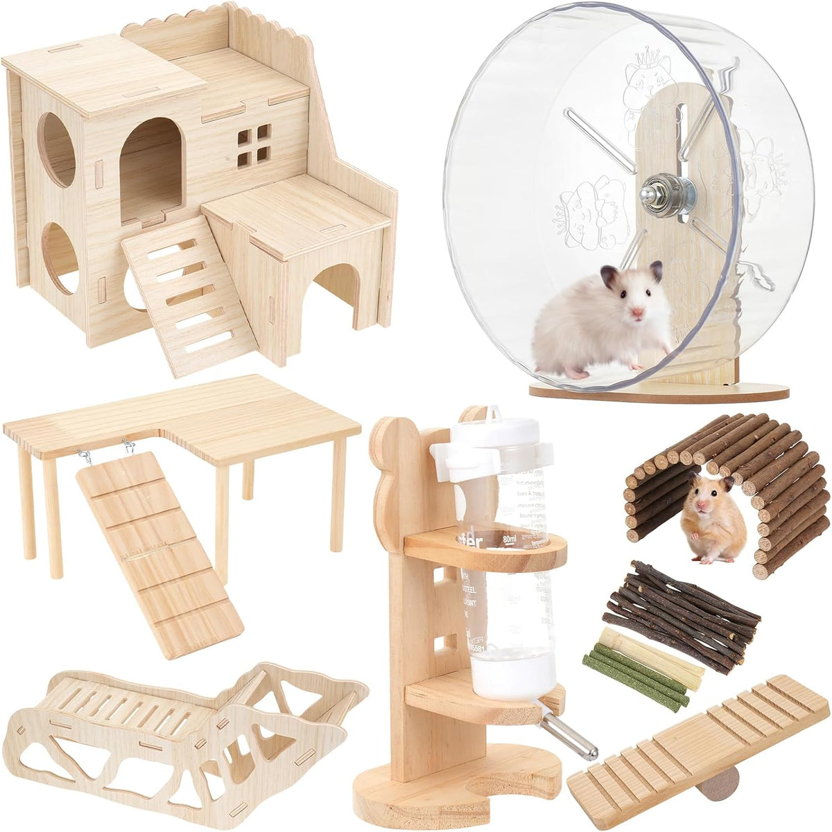 Hamster Toys Complete Set - Noiseless Silent Exercise Wheel, Maze Wood House, Stand, Chew Toys & Water Bottle Cage Accessories for Hamster, Rat, Mice Small Animal Habitat