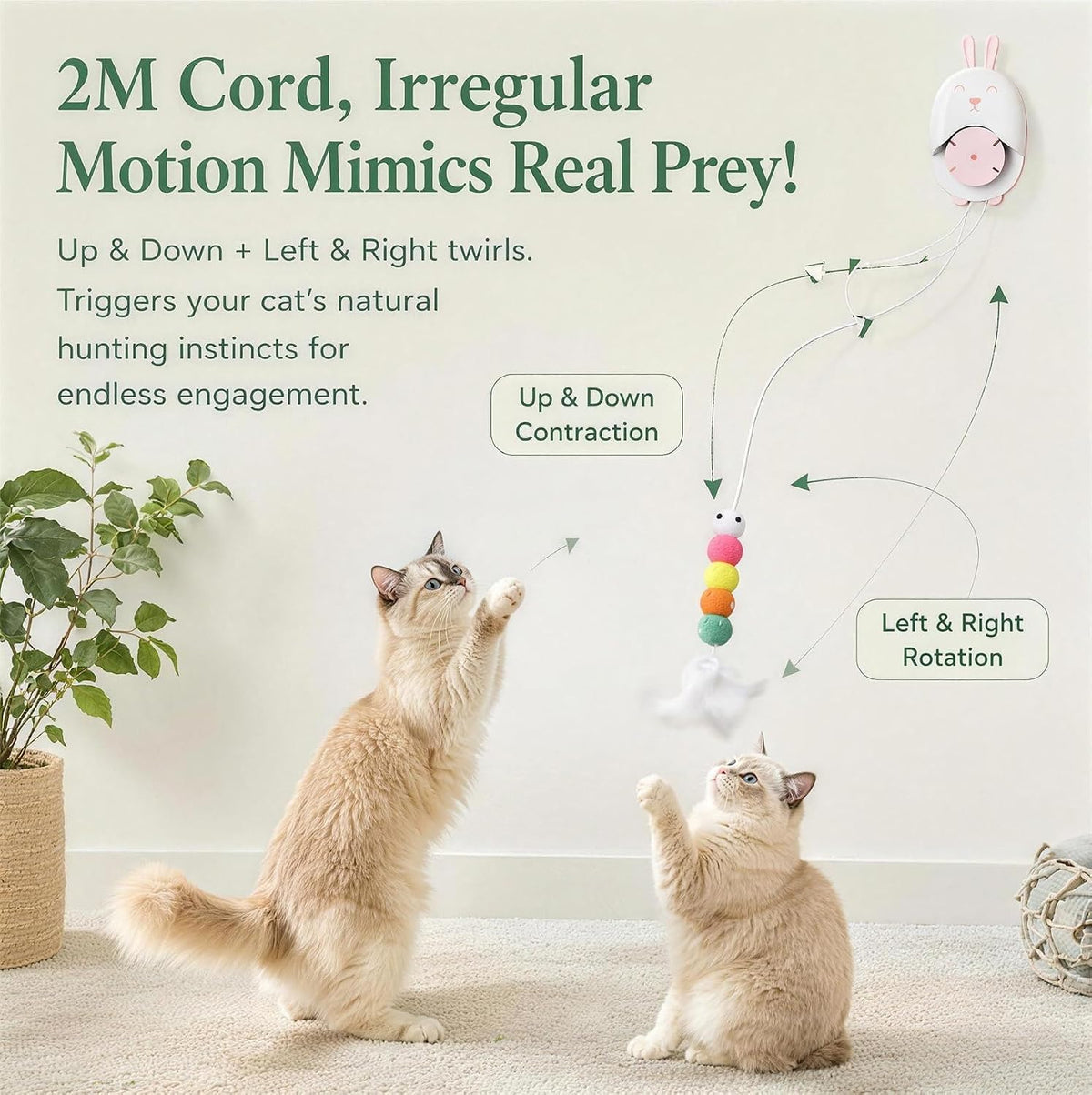 Interactive Cat Toy for Indoor Cats, Automatic Hanging Cat Toy with 5 Refill Teasers, USB-C Rechargeable Self Play Cat Toy, Door Kitten Toy for Exercise, Boredom Relief and Cat Enrichment (White)