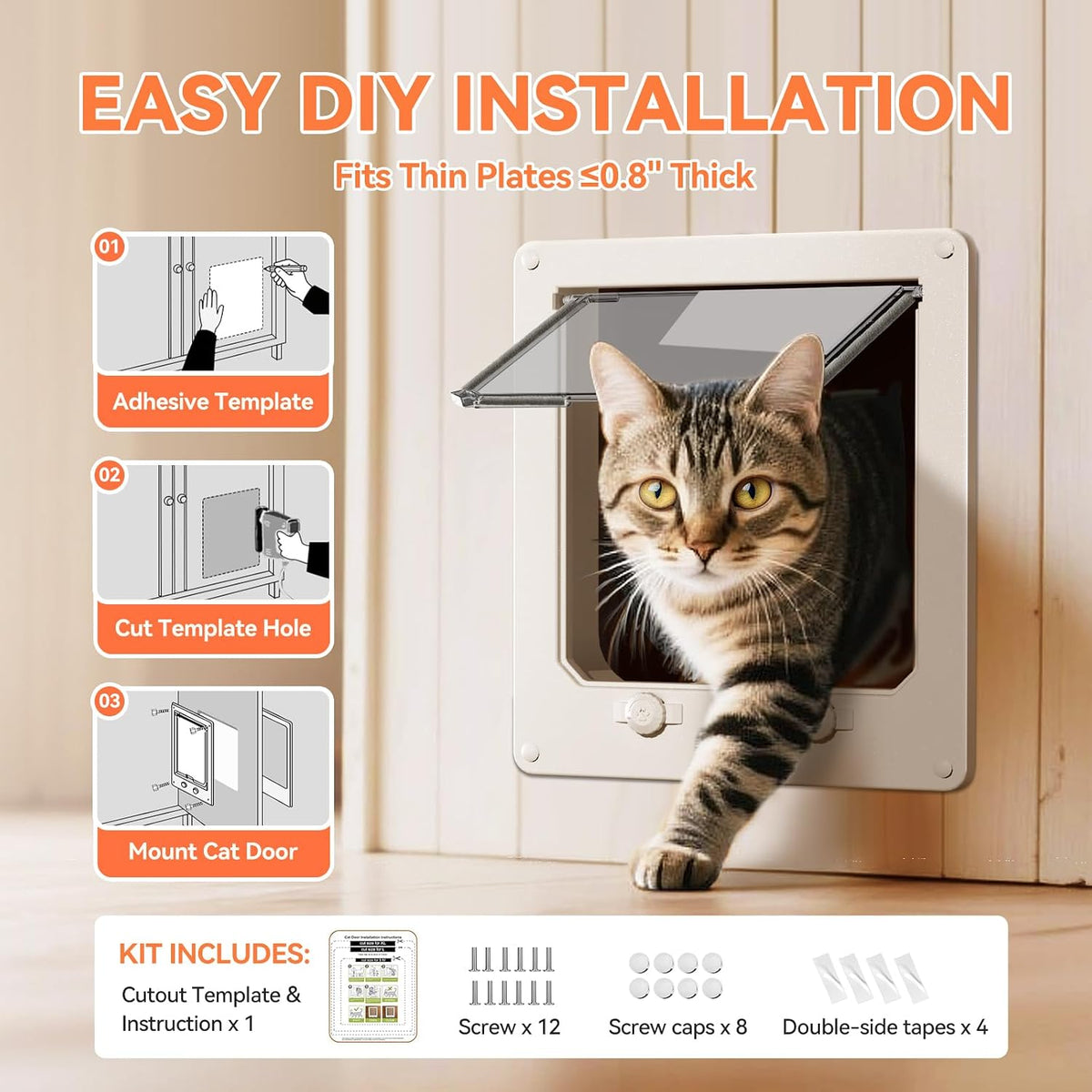 LIBBEPET Thin Interior Cat Door, 4 Way Locking Flap for Cats ≤18 lbs, Large