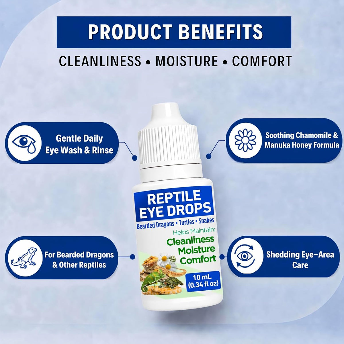 Reptile Eye Drops for Turtles, Bearded Dragons, Snakes & Lizards, Daily Eye Care Solution with Manuka Honey & Chamomile, Helps Clean Eye Area & Shedding Residue, Includes Cotton Swabs, 10 mL