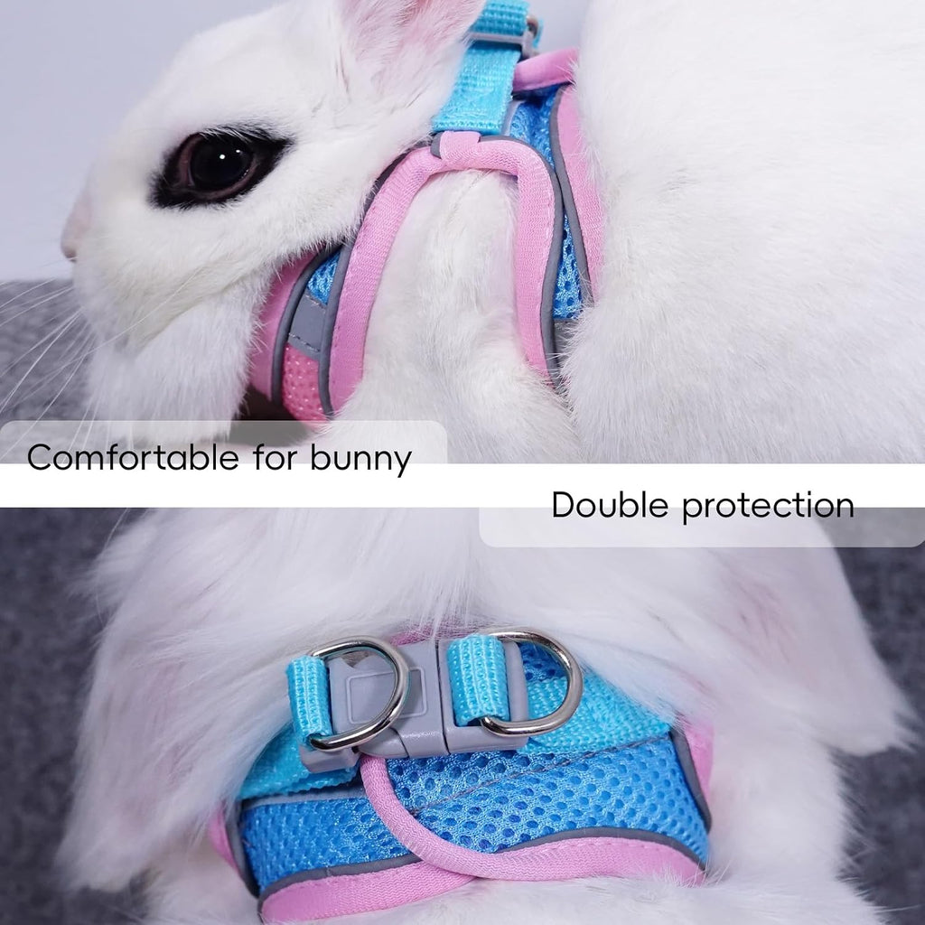 Rabbit Harness and Leash Set Escape Proof, Adjustable Soft Padded Vest, Breathable Mesh Bunny Harness with Reflective Strap, Safe for Small Animals(Blue,S)