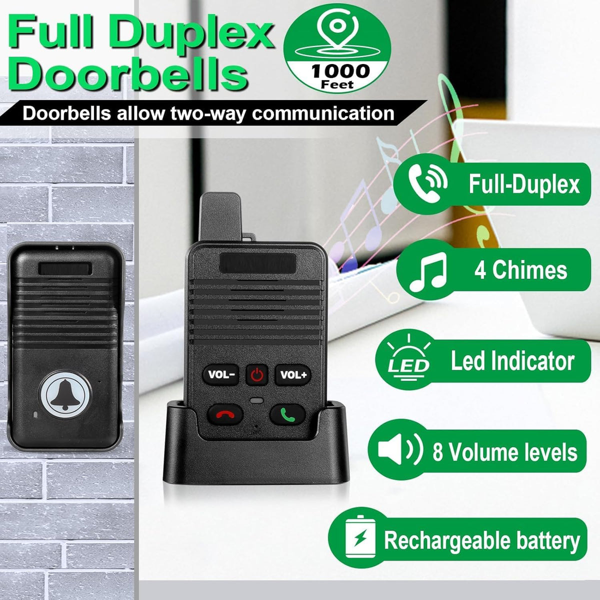 Doorbells, Full Duplex Intercom Long Range Wireless Door Bell