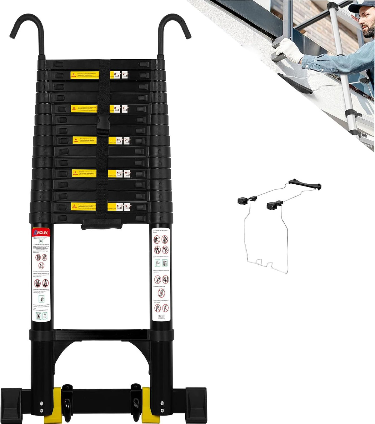 Telescoping Ladder with Hooks, 330 lbs Capacity, 12.5FT, Black