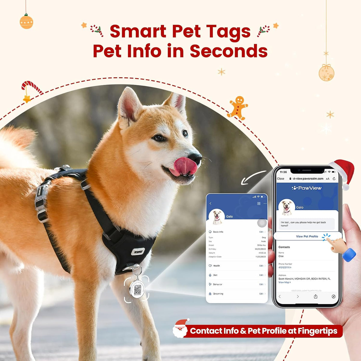 Holiday QR Code Dog ID Tag for Dogs, Christmas Pet Collar Charm, Scan QR for Instant Contact Info & Location Alerts, No Battery, No Monthly Fee