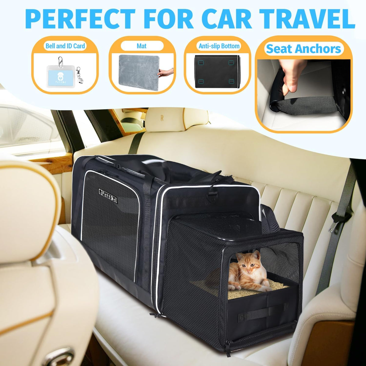 Petskd Side Expandable Extra Large Cat Carrier with Litter Box, Black
