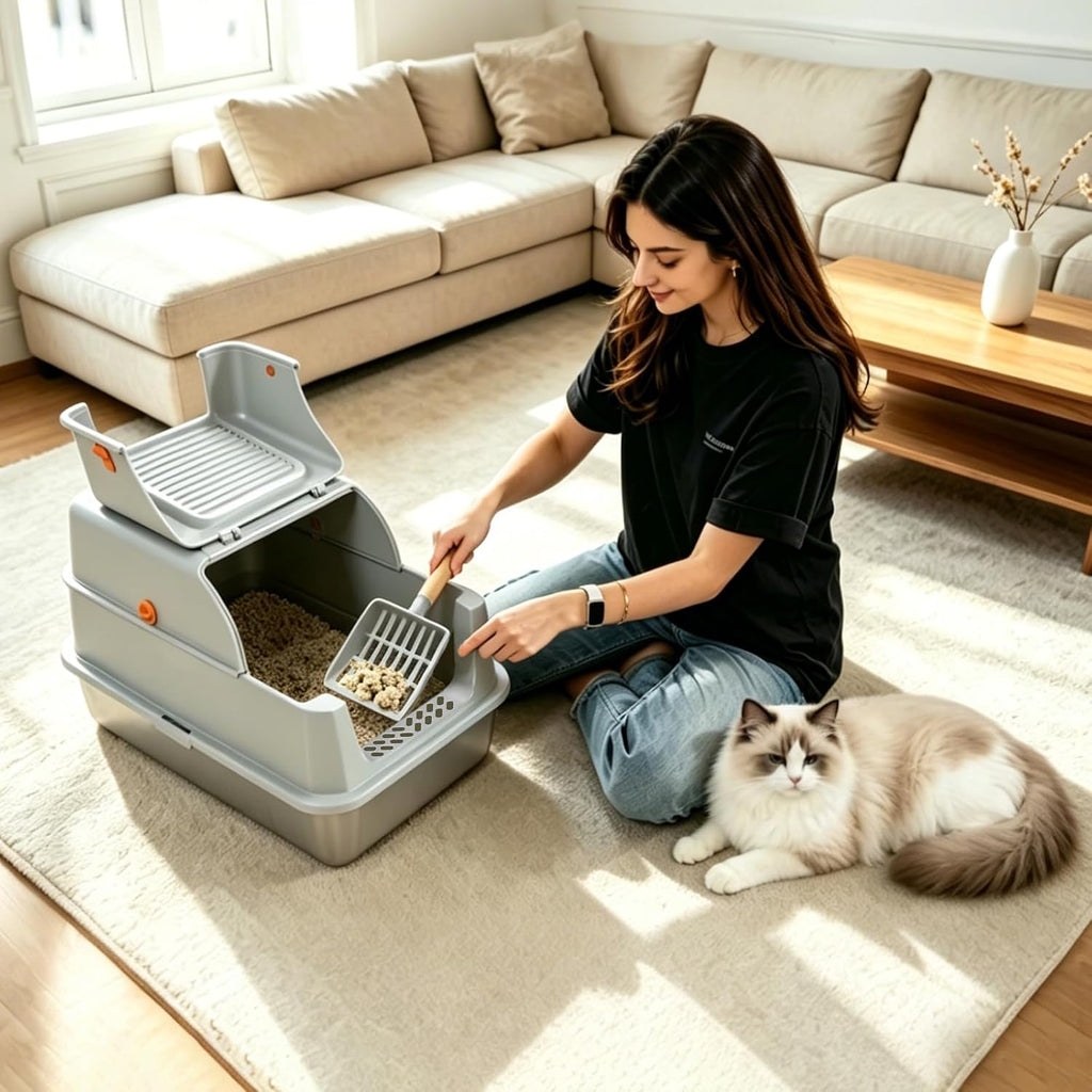Stainless Steel Litter Box with Lid & Cat Litter Scoop Mat Grey
