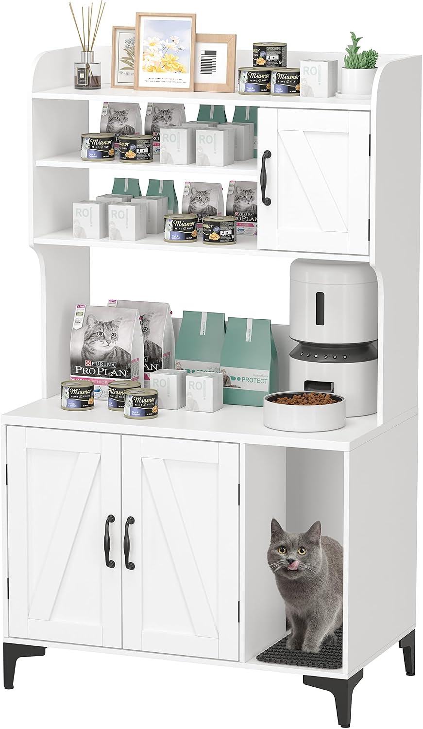 Tall Hidden Cat Litter Box Enclosure Cabinet - 4-Tier Storage Shelves, 2-Door Wood Cat Washroom Furniture, Indoor Cat House - White, with Cat Litter Mat