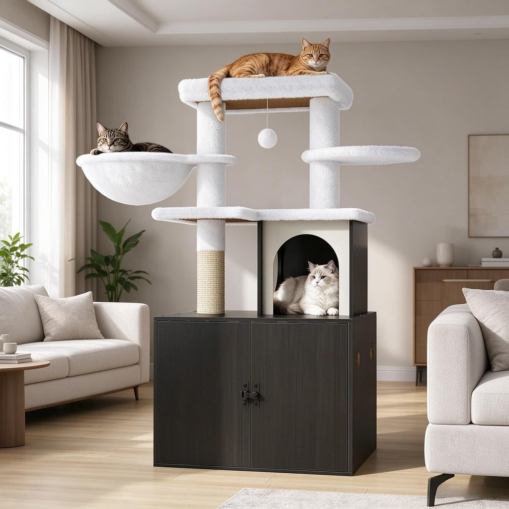 Halloween Cat Tree with Litter Box Enclosure, Hidden Litter Box Furniture with Cat Tower, Cat Tree with with Sisal Scratching Post,Hammocks,Condo,Multiple Platform,Soft Plush Perch, Hickory
