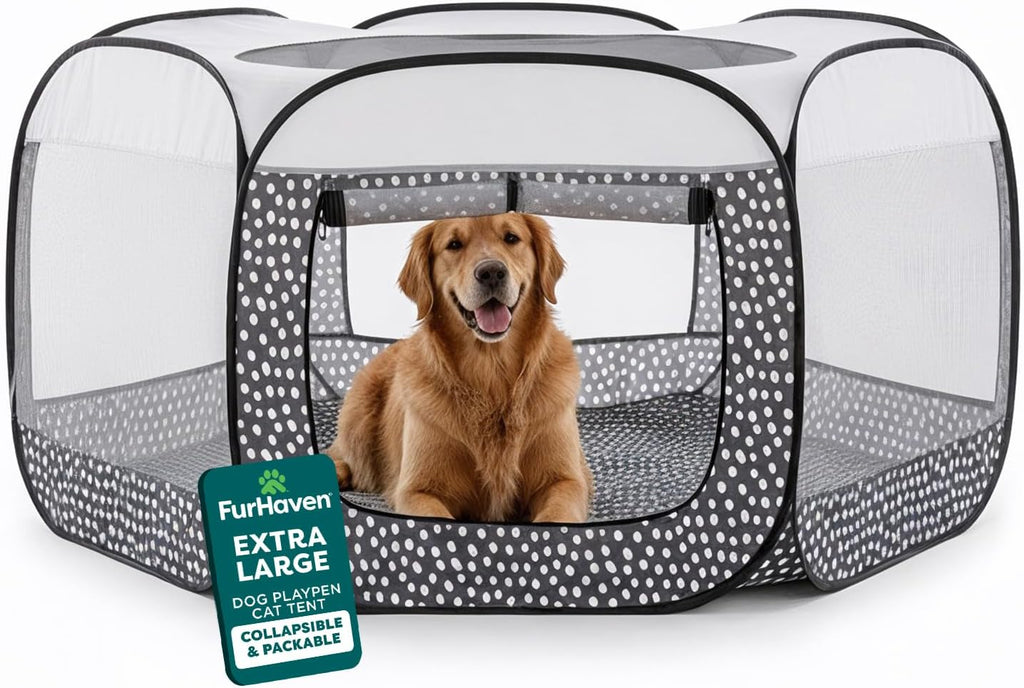 FurHaven Soft-Sided Dog & Cat Playpen, Portable Foldable Indoor & Outdoor Pet Playpen with Mesh Windows & Zippered Door, Gray Pebbles, Extra Large