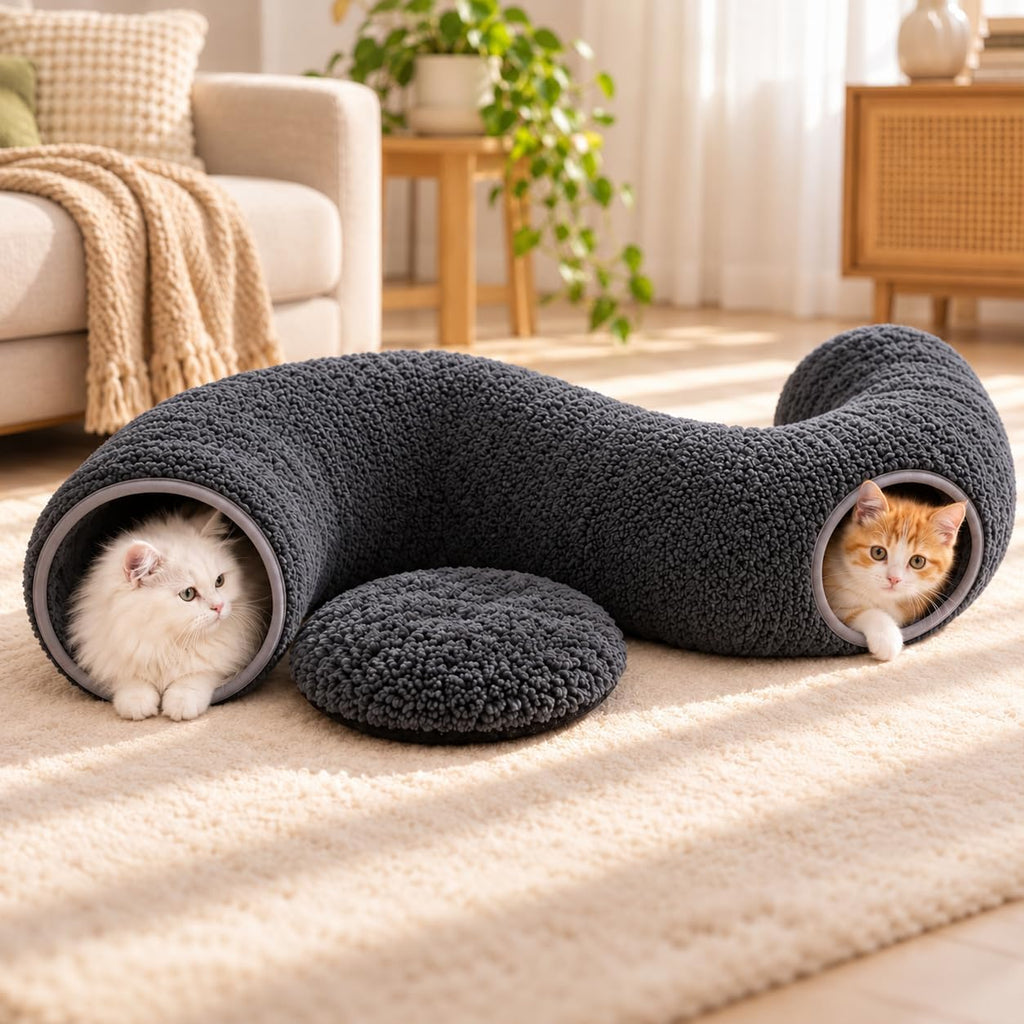 Cat Tunnel Bed with 2 Catnip Fish Toys, Interactive Cat Toys, Dark Grey