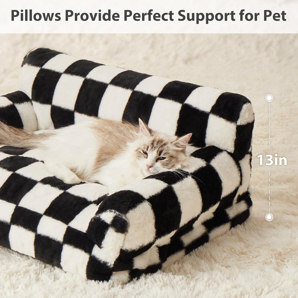 BFPETHOME Cat Couch & Dog Couch Bed, Pet Sofa for Small Pet, Cute Cat Sofa, Checkered Dog Bed with Washable Cover (Black&White)