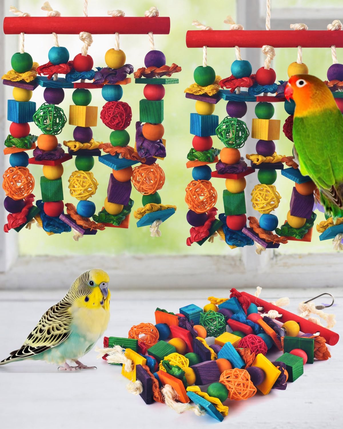 DBNESS Bird Toys, 3PCS Parrot Foraging Hanging Toy, Multicolored Natural Wooden Blocks Parakeet Chewing Toys mit Rattan Wicker Balls, for Medium Small Cockatoos Budgie Lovebird Cockatiel Conure