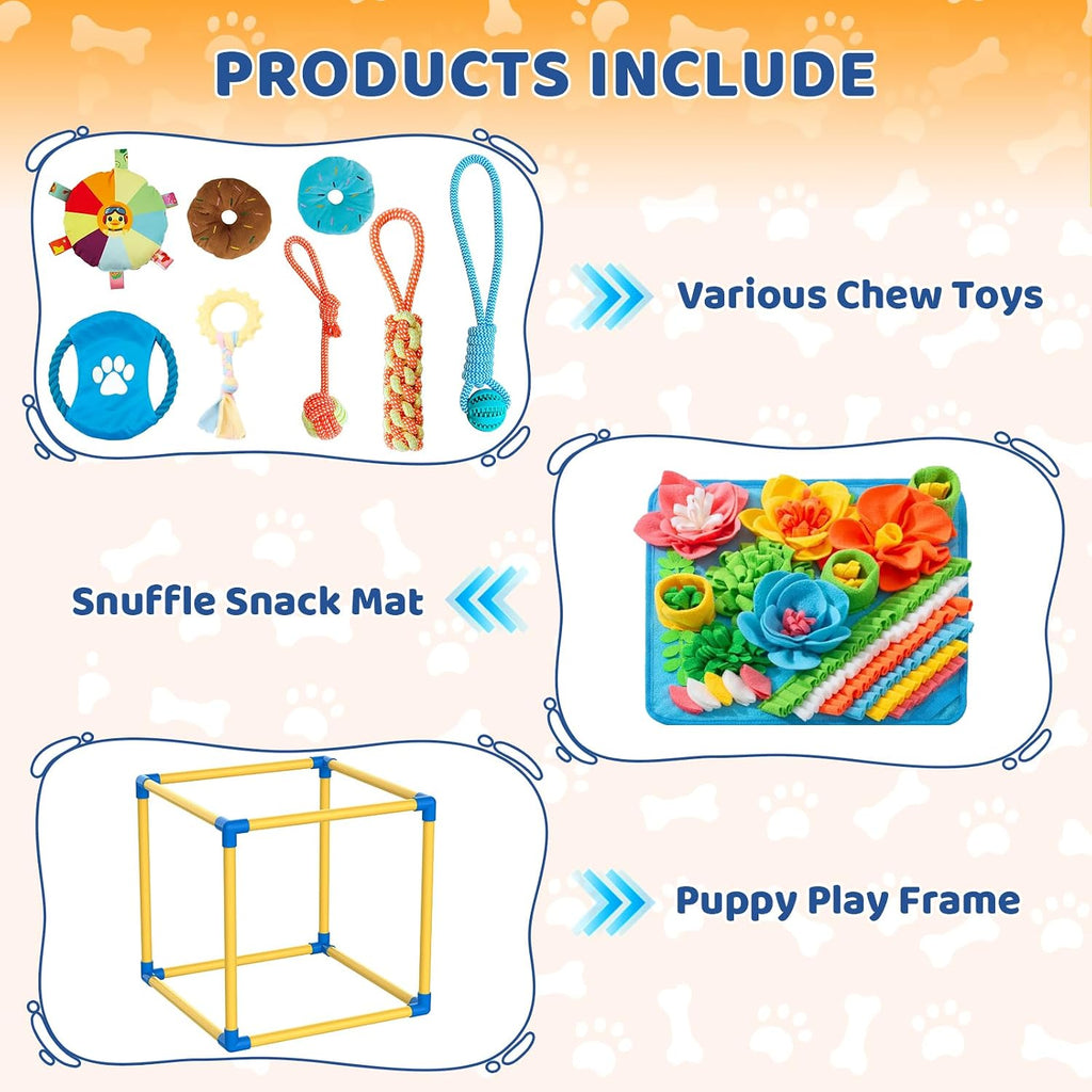Puppy Play Gym & 8 Toys (Blue,19.6″ x 19.6″ x 19.6″‌) with Snuffle Mat