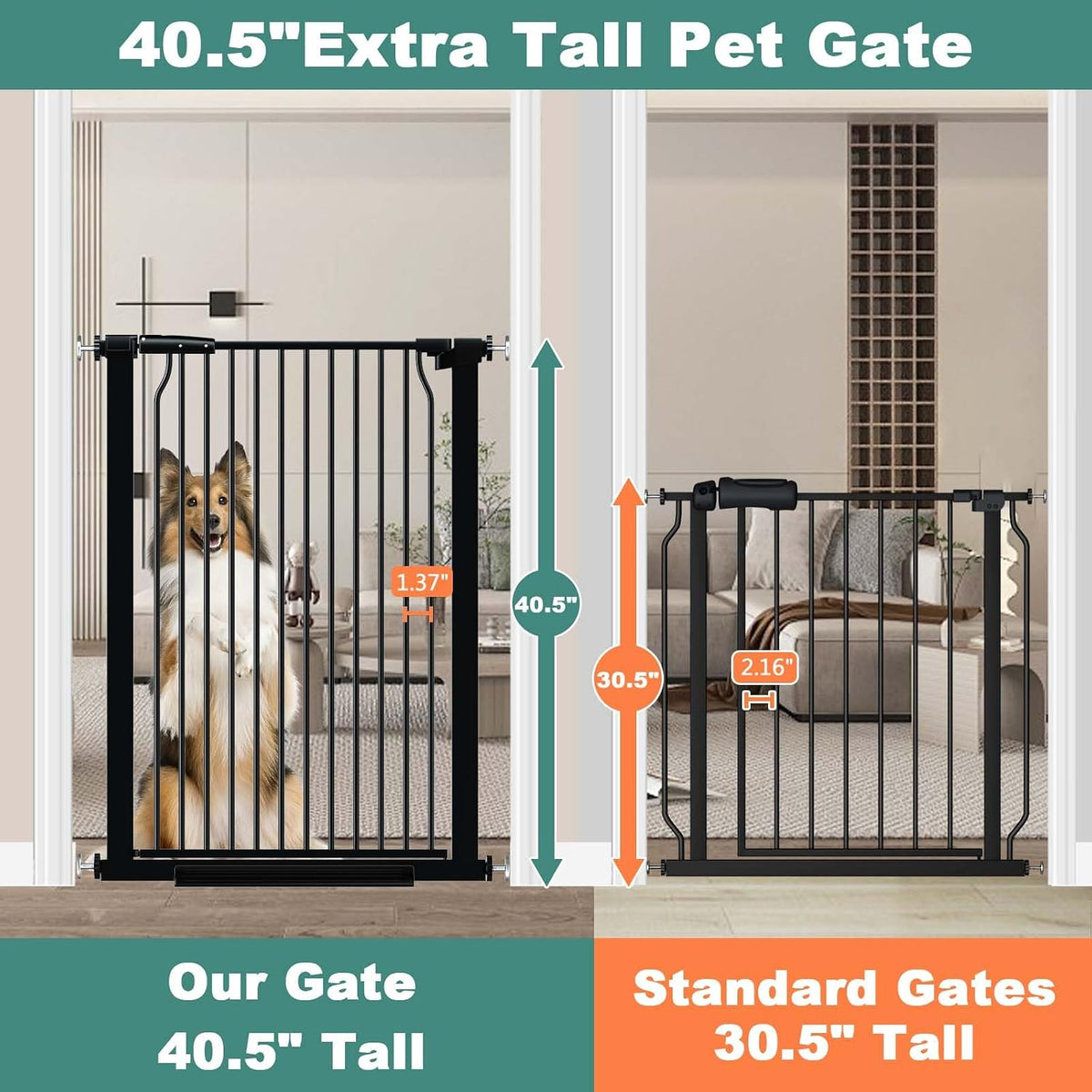 40.5" Extra Tall Baby Gate for Doorways, 49.2"-54.7" Extra Wide Pet Gate Pressure Mounted, 1.37" Narrow Space Puppy Dog Barrier Indoor, No Drill Safety Child Gate, No Climb Fence Black