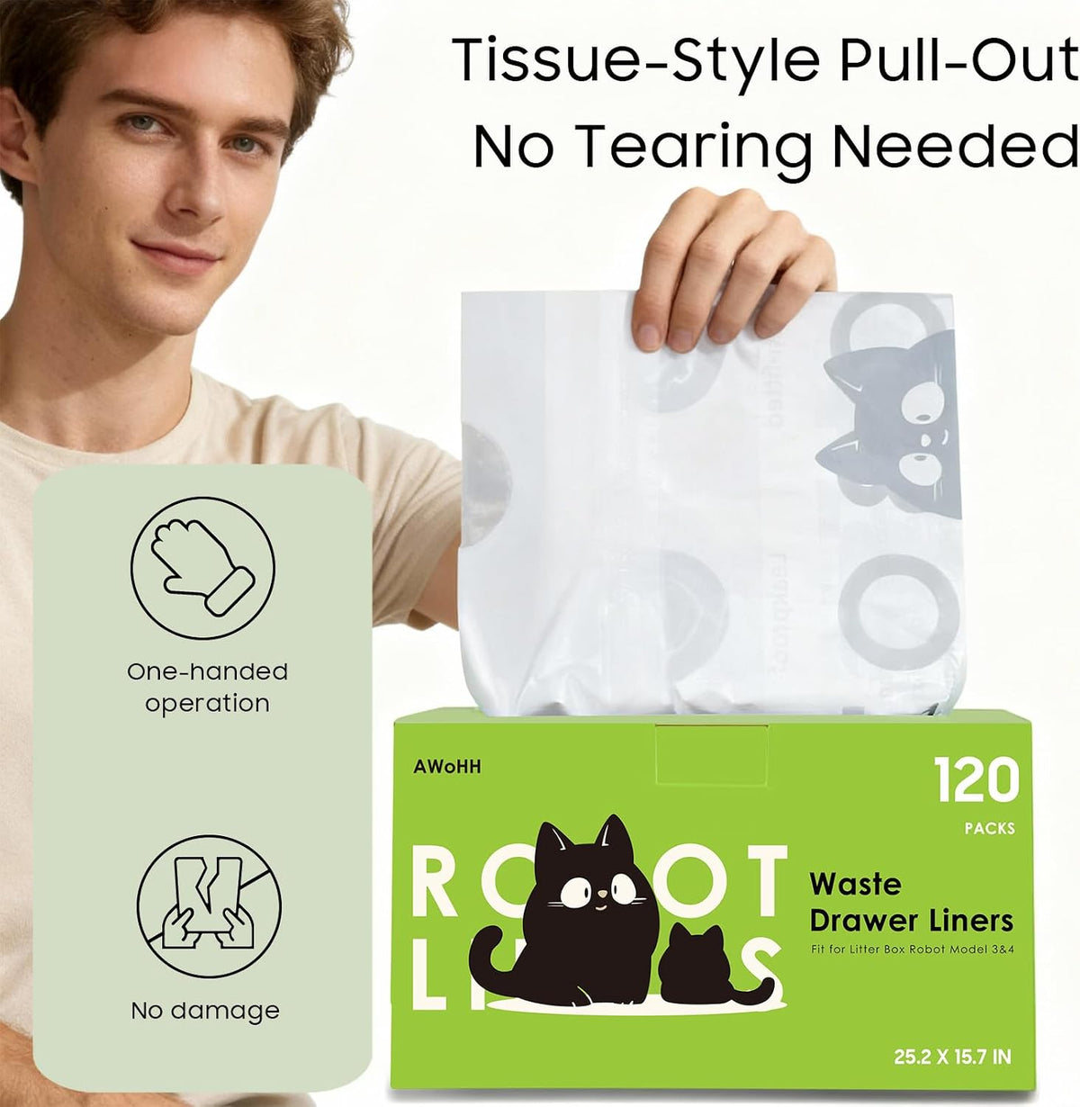 120 Pack Automatic Litter Box Bags Fit for Litter Box Robot 5/4/3, Heavy Duty Drawstring Waste Bags, Sensor-Compatible, Tear Resistant, Pop-Up Dispenser, White, 25.2" x 15.7"