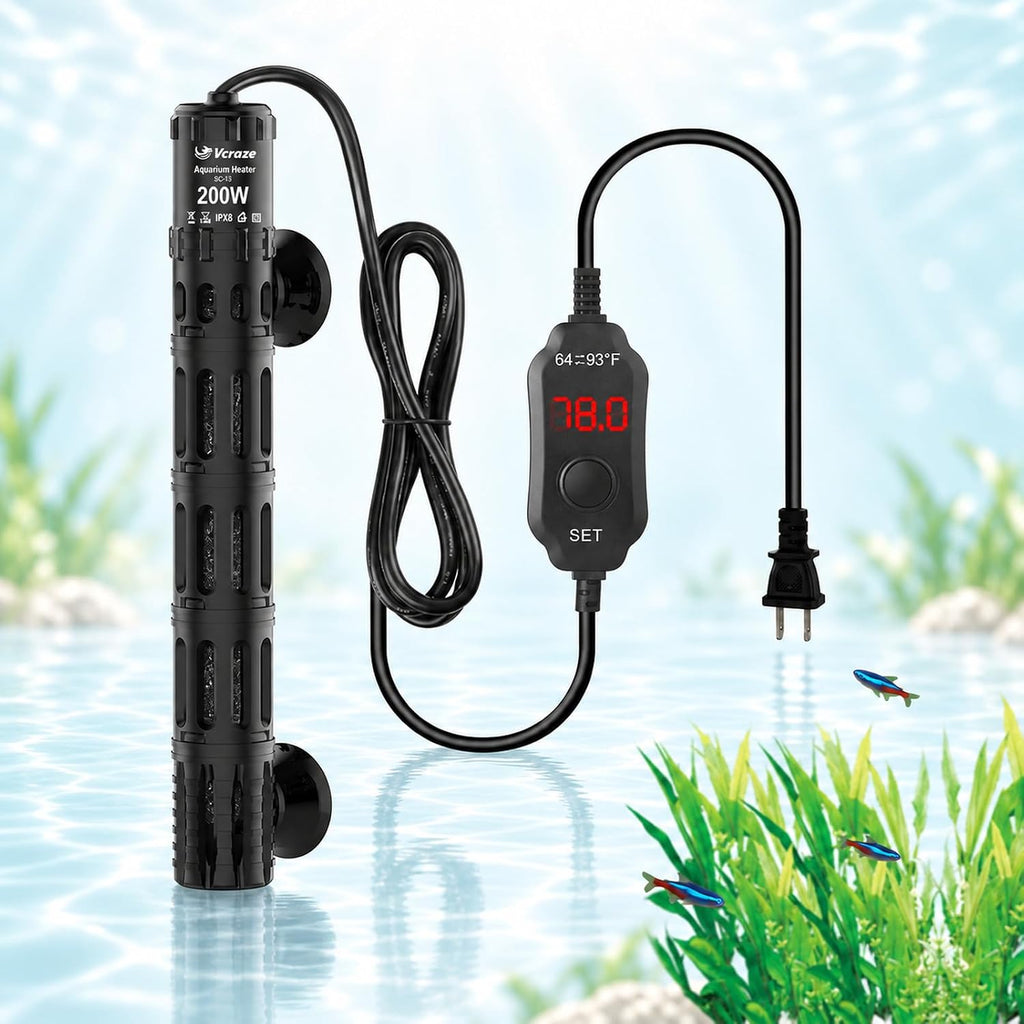 200W Aquarium Heater for 20-40 Gal Tanks with External LED Temp Controller