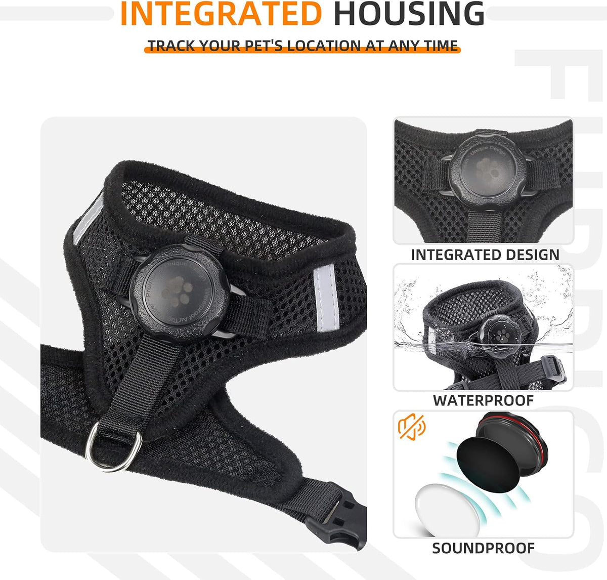 Waterproof AirTag Cat Harness & Leash, Escape Proof Vest (Black, M)