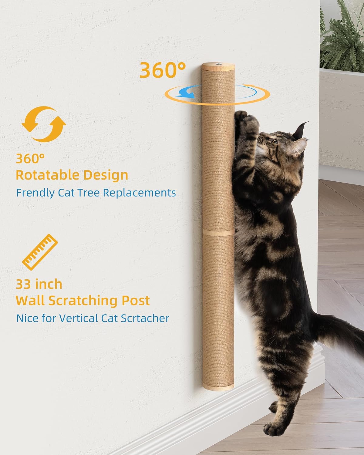Aechonow 34" Cat Scratching Post, Wood Wall Mounted Cat Scratcher for Cats