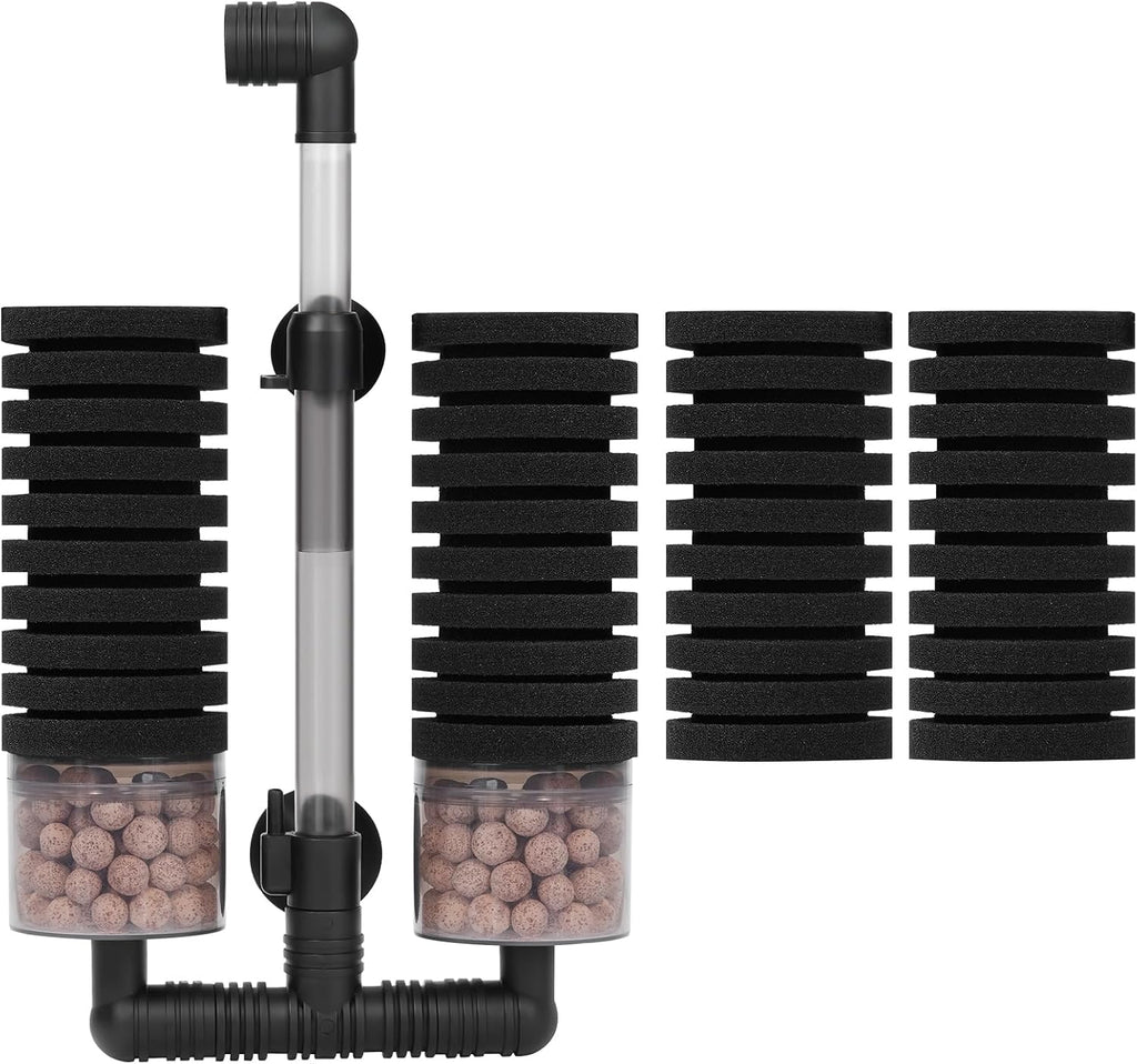 AQUANEAT Aquarium Air Powered Sponge Filter with Ceramic Media Balls, for Betta Fry Shrimp Fish Tank, with 2 Spare Sponges, up to 40Gal