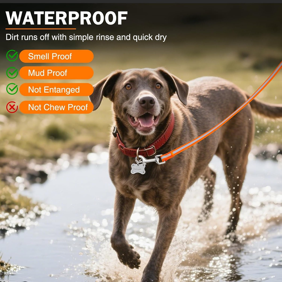 Long Dog Leash Waterproof Recall Training Lead Padded Reflective