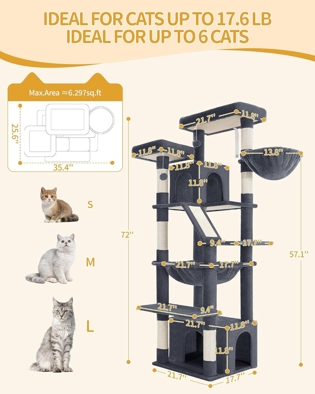 Hzuaneri Large Cat Tree, 72 Inch Tall Multi-Level Cat Tower for Indoor Cats