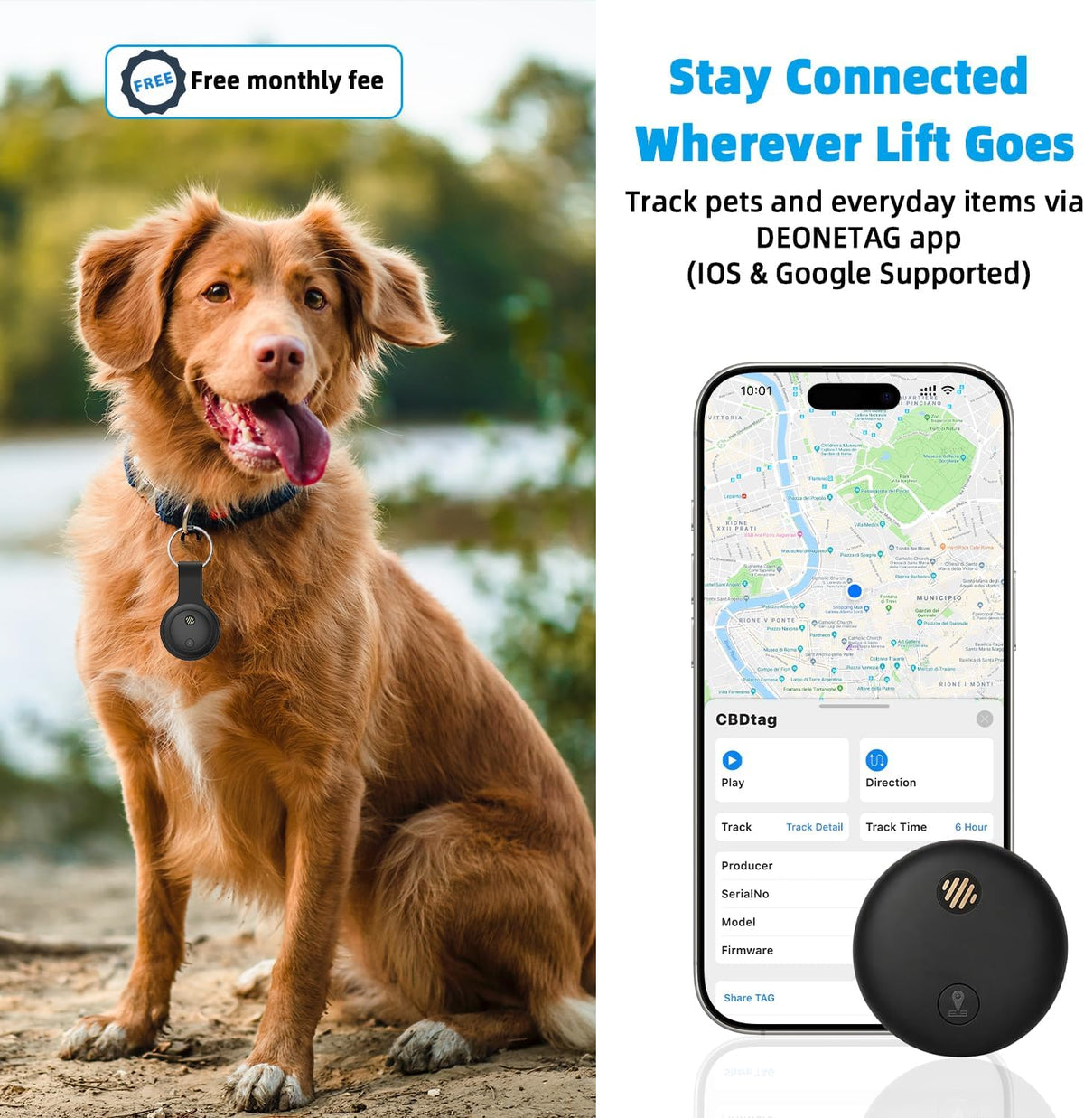 GPS Tracker for Dogs, Smart Dog Tracker with Real-Time Location, for Android and iPhone No Monthly Fee & No SIM Card- Pet Location Tracker with Holder, IP68 Waterproof, Indoor & Outdoor Pet Safety Use